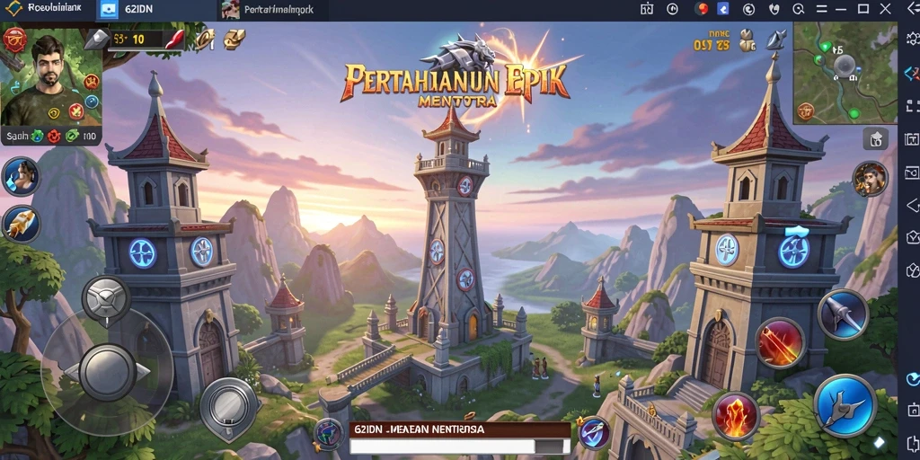Gameplay 62IDN menampilkan menara melawan gelombang musuh.
