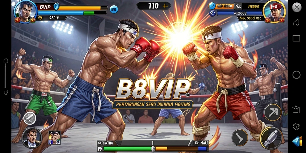 Screenshot B8VIP menampilkan pertarungan seru antara dua karakter dengan efek visual menarik.