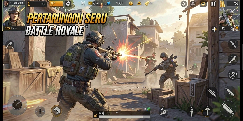 Screenshot gameplay utama RR666 menampilkan aksi intense dalam mode Battle Royale.