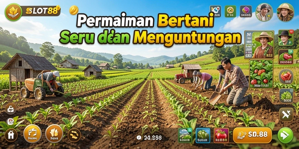 Screenshot utama menunjukkan gameplay seru dari SLOT88 dengan elemen bertani.