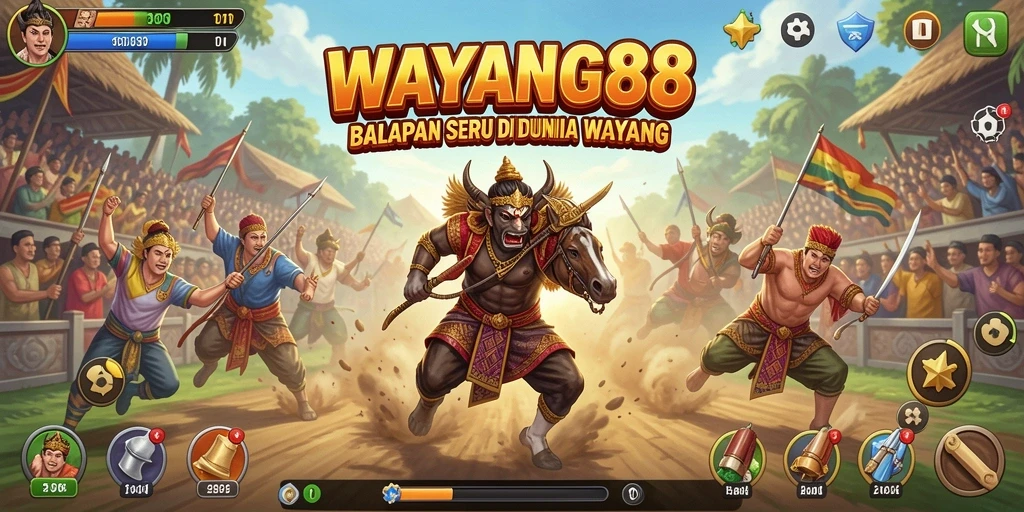Screenshot menampilkan balapan seru dalam WAYANG88 dengan karakter wayang.